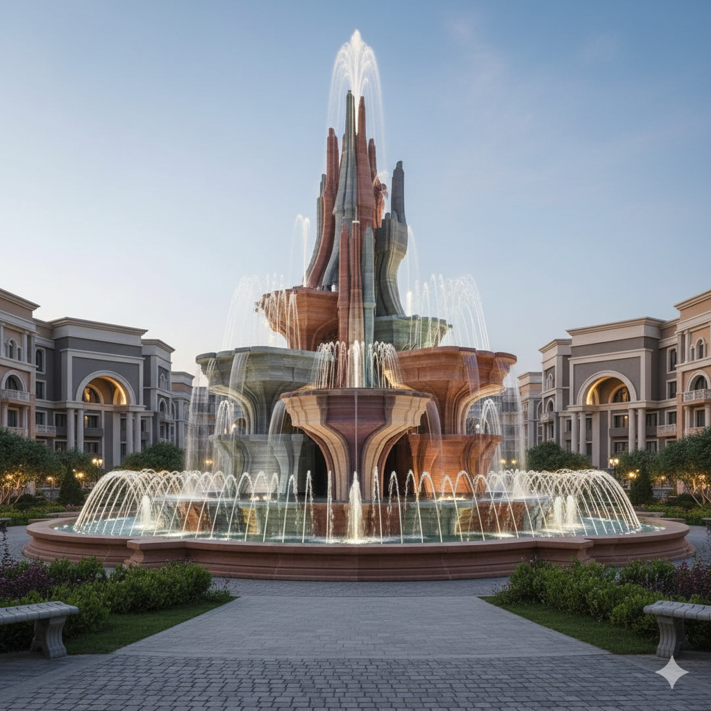 В ЖК «Римский» установлен один из самых высоких в Европе 3D-фонтанов из цветного бетона